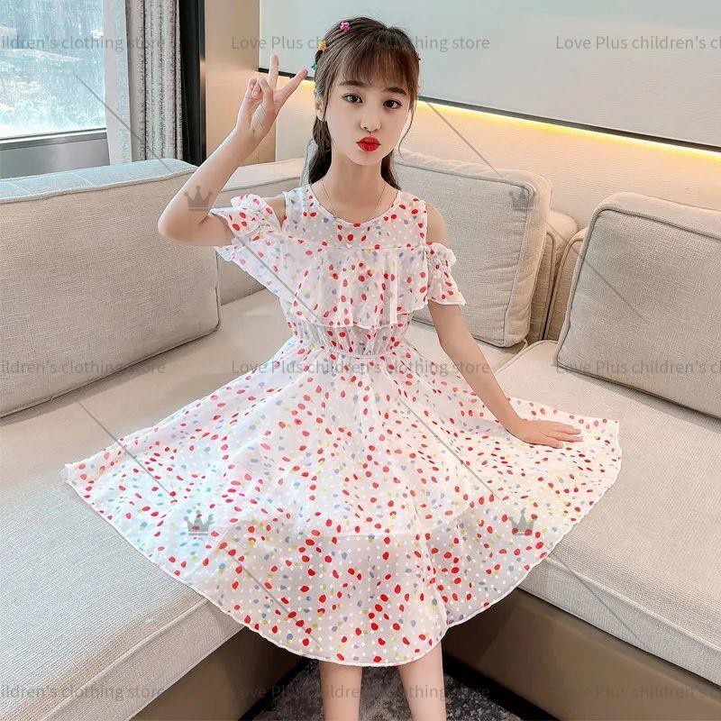 Đầm Công Chúa Dài Hở Vai Họa Tiết Chấm Bi Bằng Vải Voan Thời Trang Hàn Quốc Cho Bé Gái 3-12 Tuổi