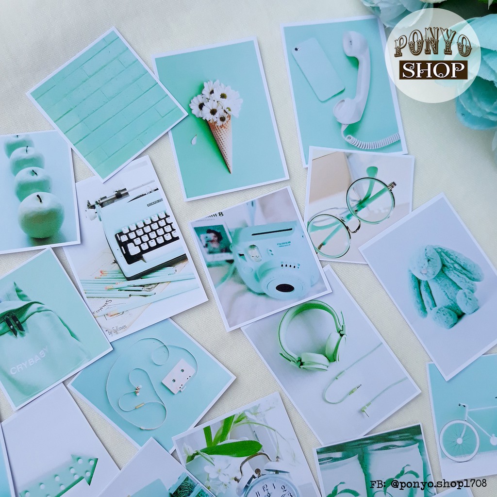 Set 21 sticker nhãn dán ảnh phong cách Instagram (Màu Xanh bạc hà) trang trí Scrapbook/Planner