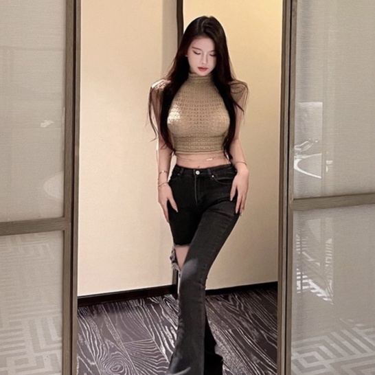 QKOOLE Áo croptop dệt kim  không tay cổ tròn phong cách Hàn Quốc dễ thương cho nữ