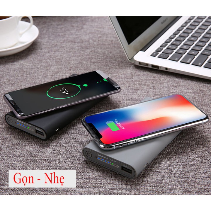 Sạc dự phòng không dây QI 10000 mAh , sạc cùng lúc nhiều thiết bị , đế sạc không dây tiện lợi ,  bảo hành chính hãng