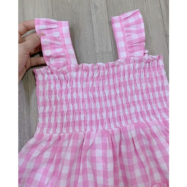Váy đầm maxi 2 dây caro hồng, chân váy xếp tầng cho bé