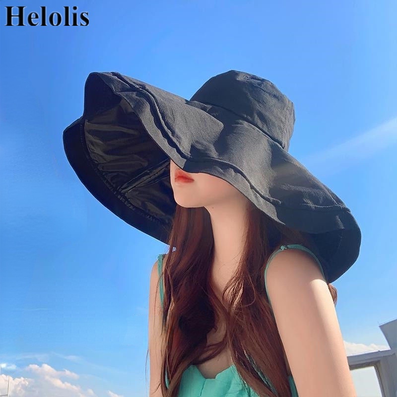 Mũ rộng vành HELOLIS 18cm màu đen chống tia UV thời trang dành cho nữ