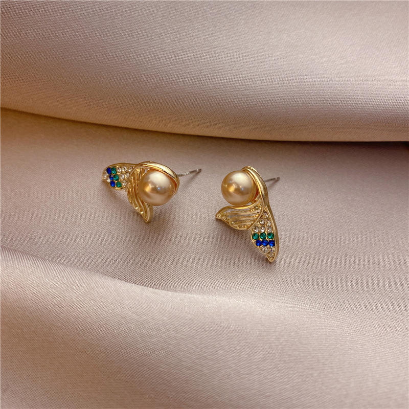 Korea Hollow Colored Diamond Mermaid Tail Pearl Stud Earrings Female Temperament All-match Earrings Ear Clips