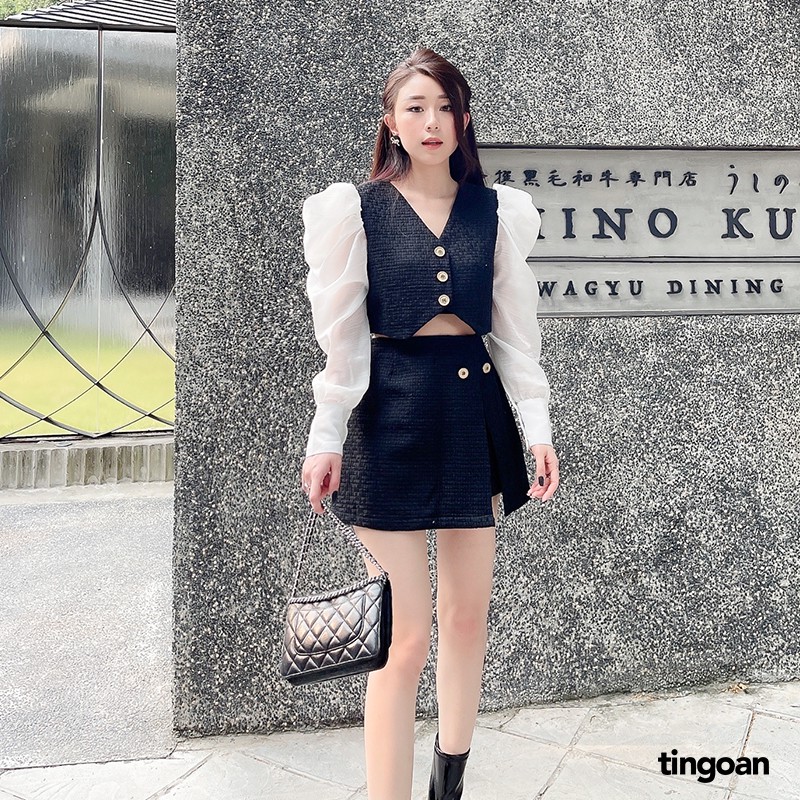 Áo tweed croptop dài tay phối ozganza trắng vai bồng nude tingoan IN PARIS TWEED TOP/BL | BigBuy360 - bigbuy360.vn