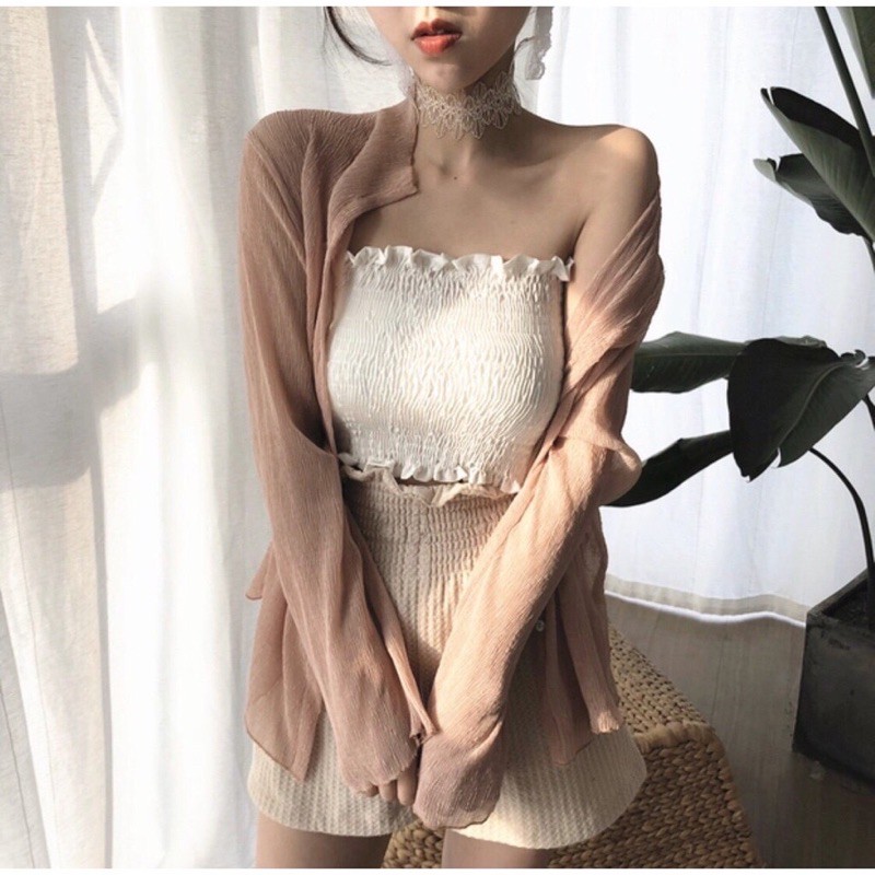 Áo ống voan nhún dáng croptop , áo kiểu nữ | BigBuy360 - bigbuy360.vn