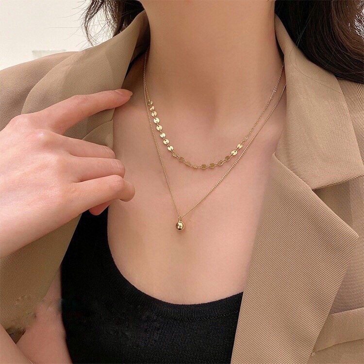 Vòng cổ hai lớp mạ vàng 18K đính hạt kim loại phong cách Hàn Quốc mới