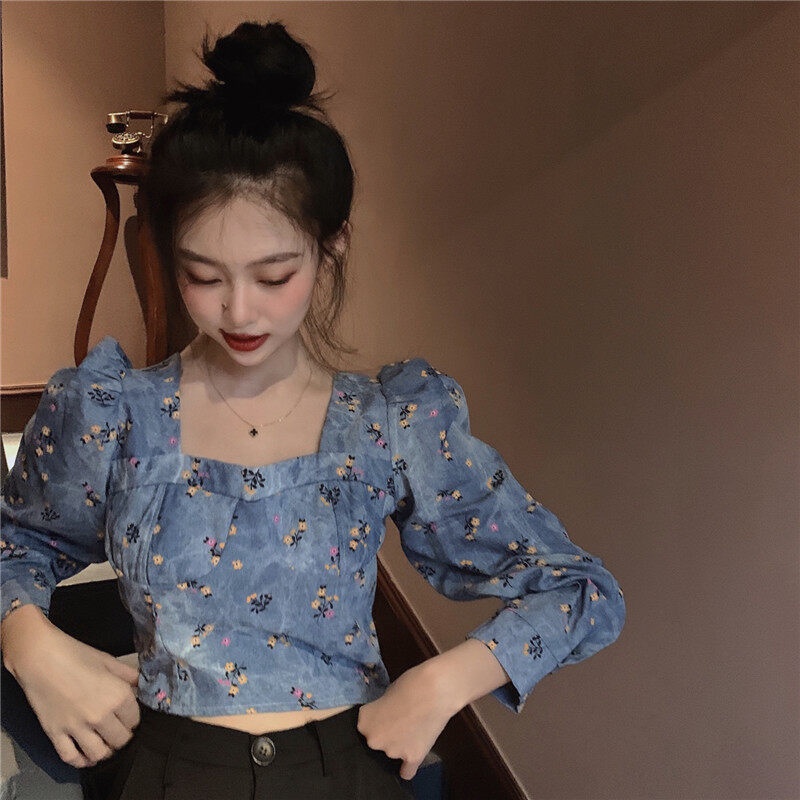 Áo kiểu Ielgy cổ vuông tay dài in họa tiết hoa màu xanh dương thời trang