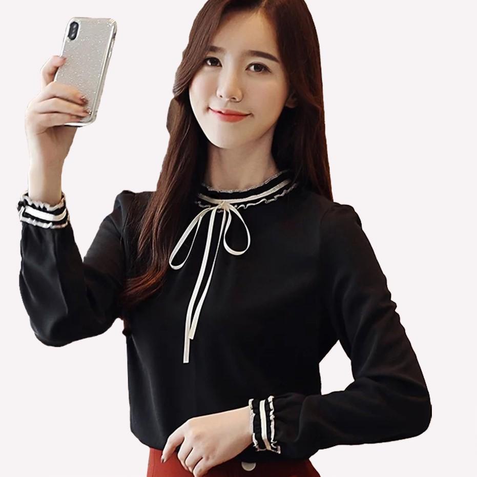 ️ ️ Áo sơ mi tay dài phong cách Hàn Quốc có dây ruy băng - XSHOP New Josephine