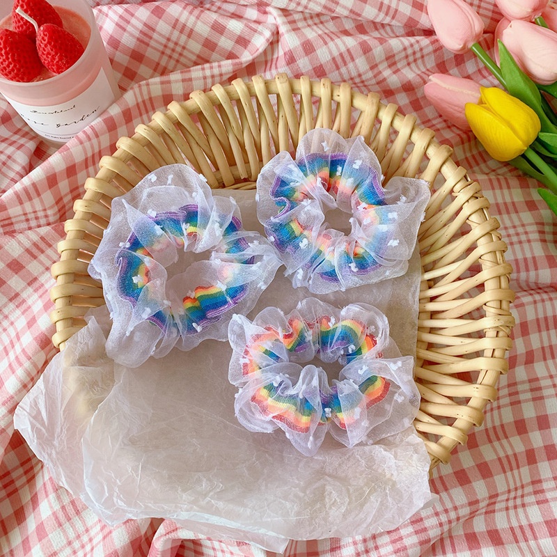 Dây Cột Tóc Lưới Hai Lớp Họa Tiết Dâu Tây/Cầu Vồng Dễ Thương Thời Trang