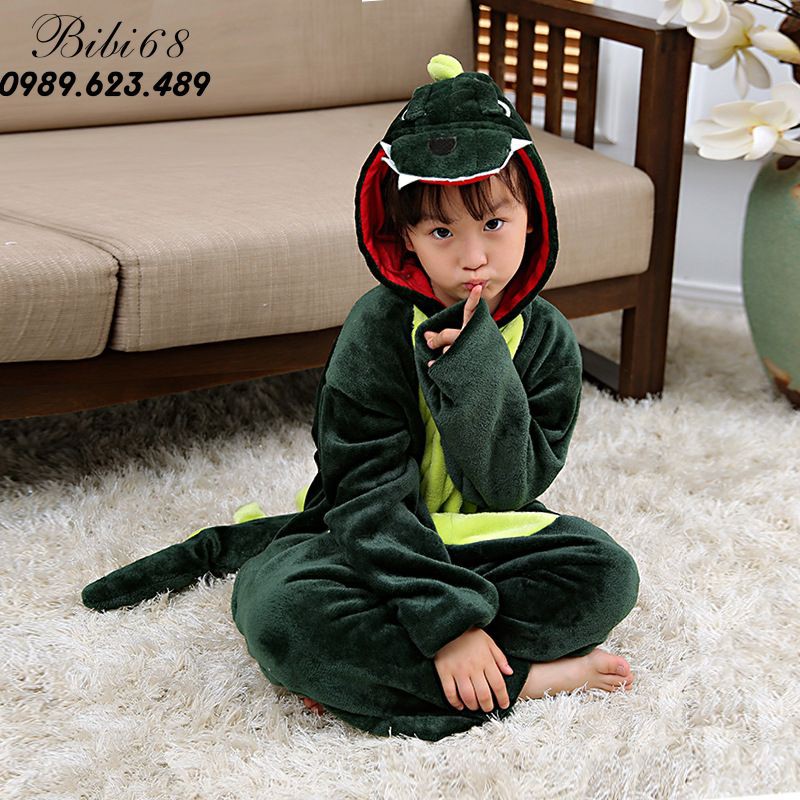 Bộ Đồ thú khủng long xanh liền thân lông mịn Pijama kiểu dáng Động Vật Hoạt Hình Cosplay 1901
