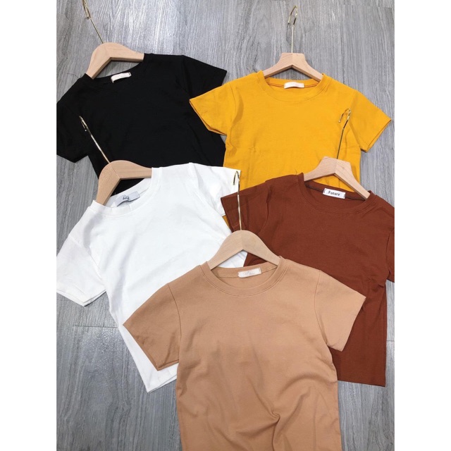 Áo thun nữ croptop cộc tay chất zip cotton