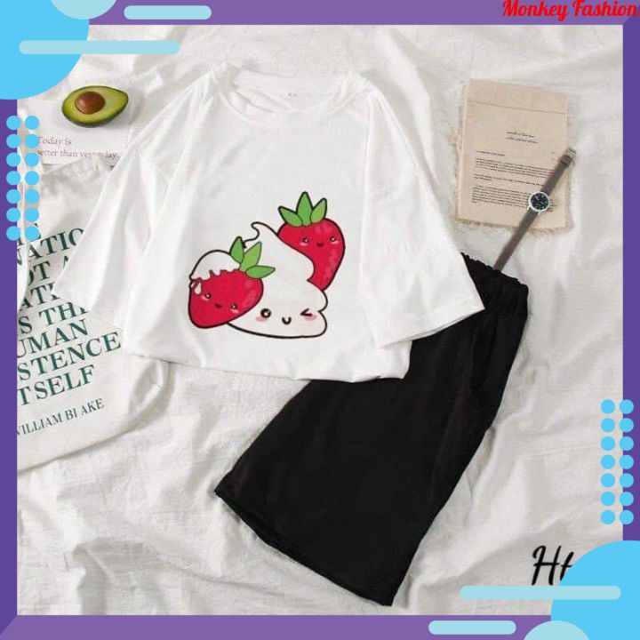 Sét Bộ Đồ Nữ Mặc Ở Nhà Siêu Xinh, Áo Thun Nữ Cotton Organic In Kem Dâu Tây Mix Quần Short Đùi Nữ Phong Cách Teen