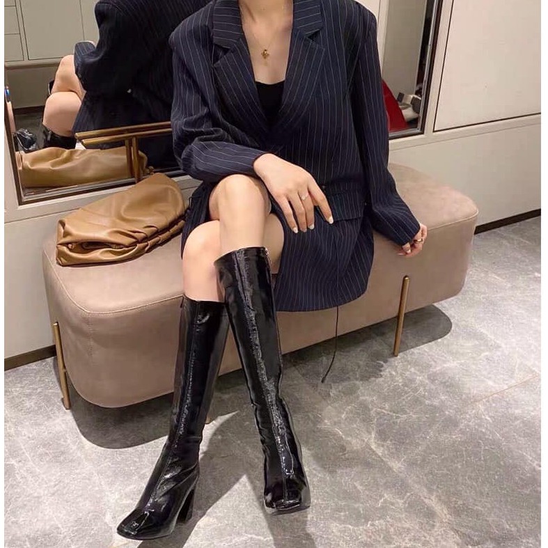 [Boots nữ đùi lửng dưới gối gót trụ vát] [Bốt đùi nữ cao gót mũi vuông khóa cạnh lót lông cao cấp gót 7cm da bóng] | BigBuy360 - bigbuy360.vn