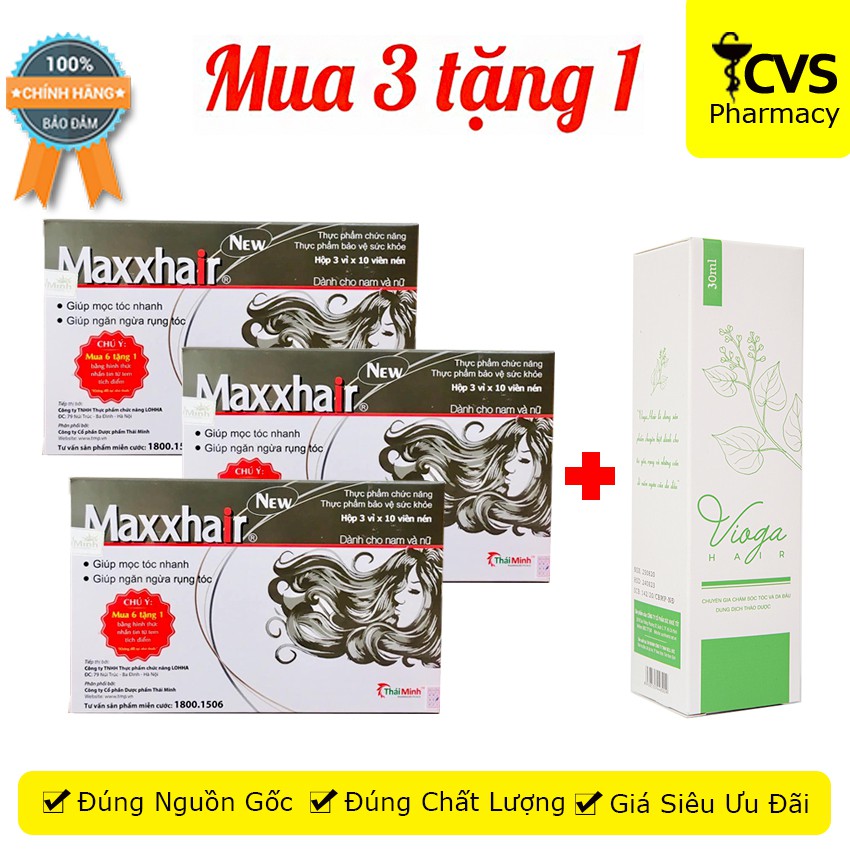 Mua 3 Hộp Maxxhair New tặng ngay 1 Chai xịt Vioga Hair 30ml - Ngăn Rụng Tóc, Tóc Bóng Mượt - cvspharmacy