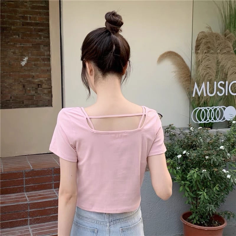 Áo Thun Ngắn Tay Cổ Vuông Đính Nơ Thời Trang Mùa Hè 2022 Phong Cách Hàn Quốc Cho Nữ