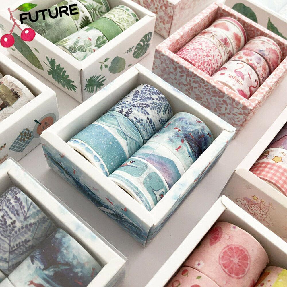 Set 8 Cuộn Băng Keo Giấy Washi Nhiều Màu Sắc In Họa Tiết Lá Cây Xương Rồng Trang Trí Sổ Tay Nhật Ký DIY
