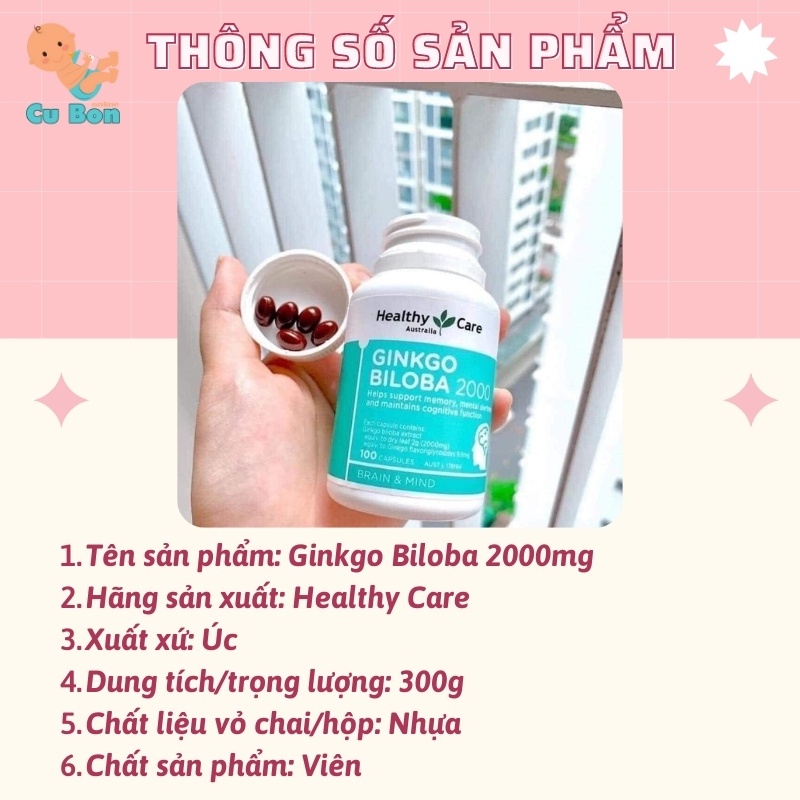 bổ não ginkgo biloba 2000mg Healthy Care của Úc giúp tuần hoàn máu não trí nhớ cho bé từ 12 tuổi và người lớn người già