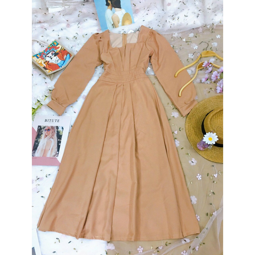 Đầm thiết kế dự tiệc midi tay dài - váy trắng nude đỏ | BigBuy360 - bigbuy360.vn