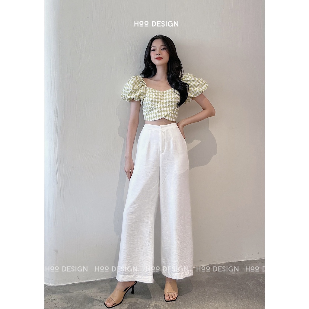 HOO DESIGN - Áo Croptop Tay Phồng Khóa Kim Loại Sau Lưng Màu Xanh Bơ Đan Trắng