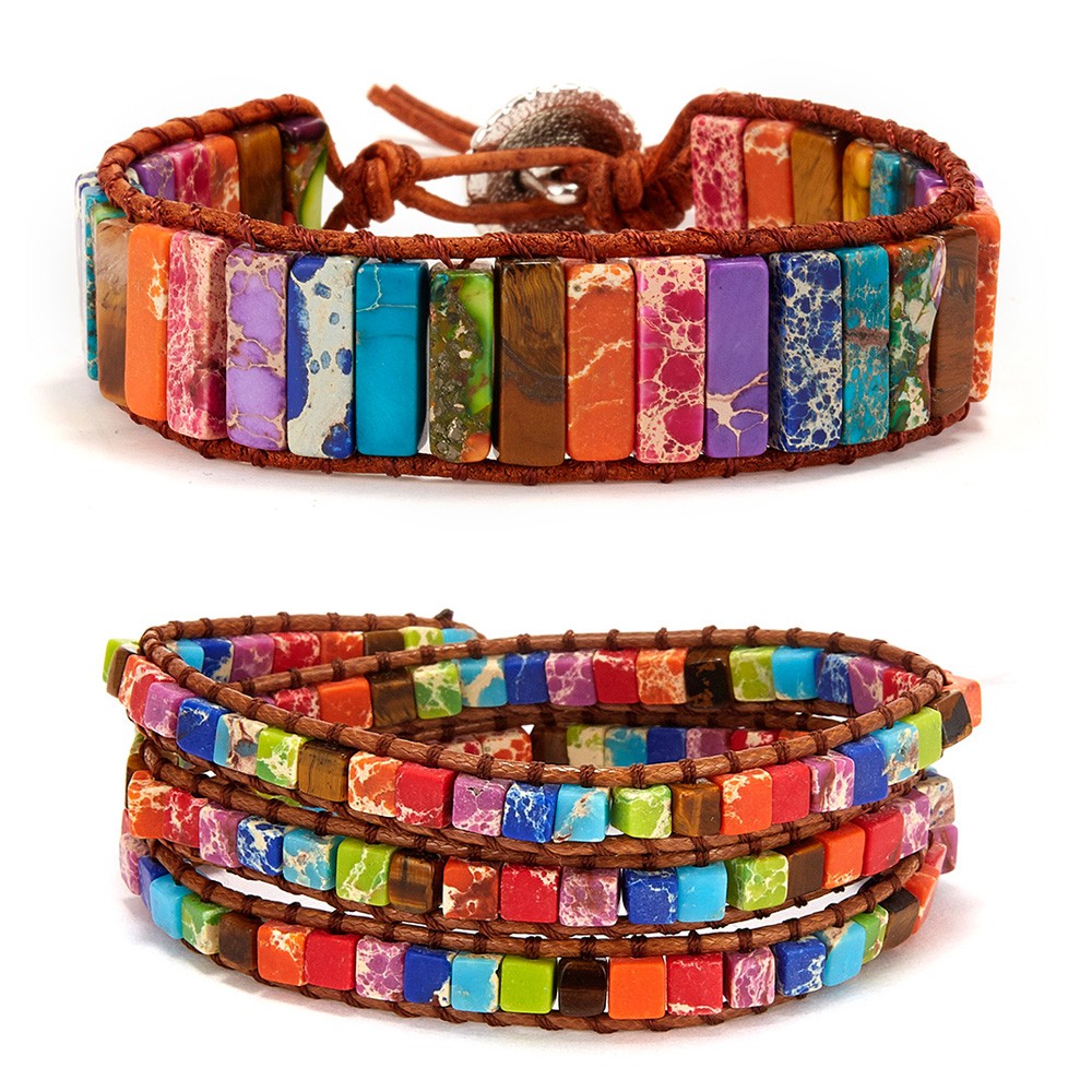 Vòng đeo tay RINHOO dây da đính hạt đá vuông kim loại chạm khắc tinh xảo thời trang