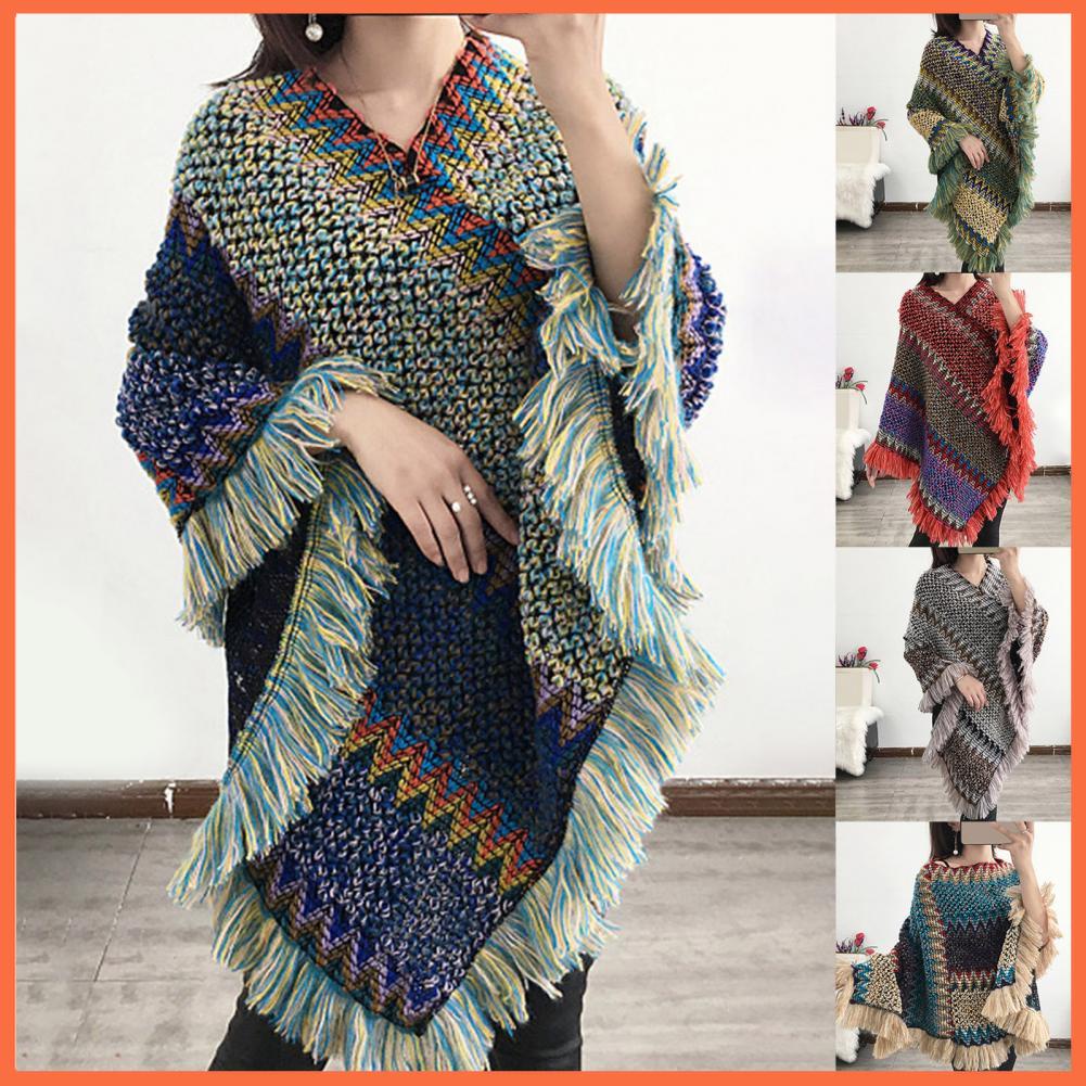 Áo Choàng Dệt Kim Cổ Chữ V Phối Tua Rua Nhiều Màu Sắc Thời Trang