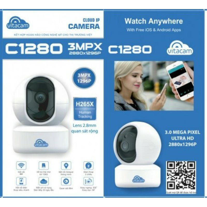 CAMERA VITACAM C1280 - 3MPX CHUẨN ULTRA HD- LENS 2.8MM GÓC RỘNG. CÔNG NGHỆ AI, XOAY 360