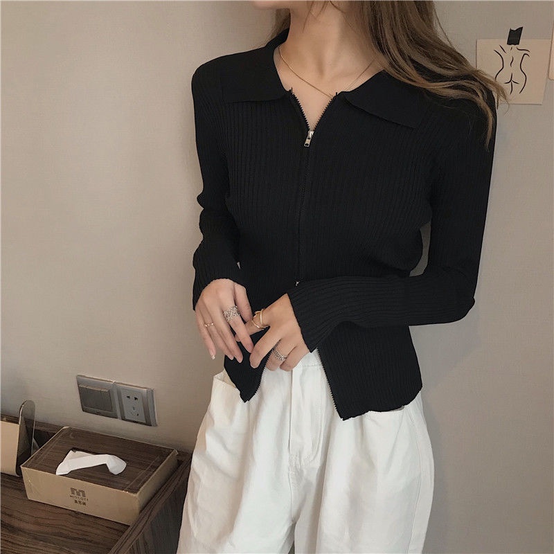 Áo khoác cardigan dệt kim tay dài có khóa kéo cho nữ