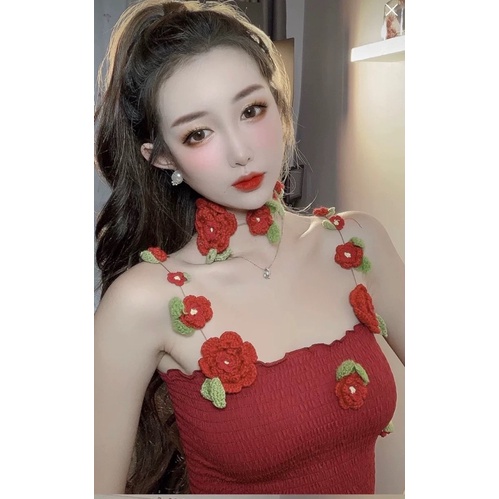 Áo Nàng thơ hoa mẫu đơn len móc handmade dáng lửng dành cho bạn gái