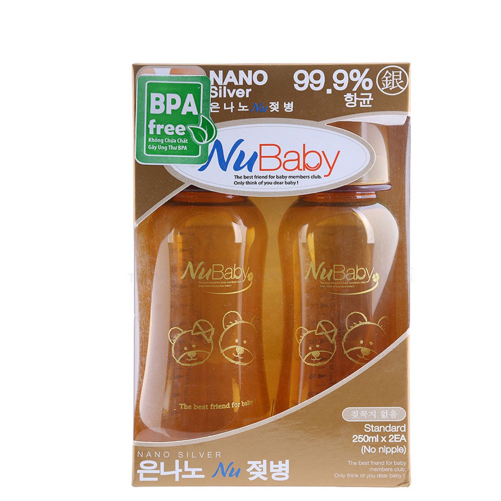 [CHÍNH HÃNG] Bộ Đôi Bình Sữa NuBaby NANO Silver Cổ Nhỏ 250ml (Không có núm)