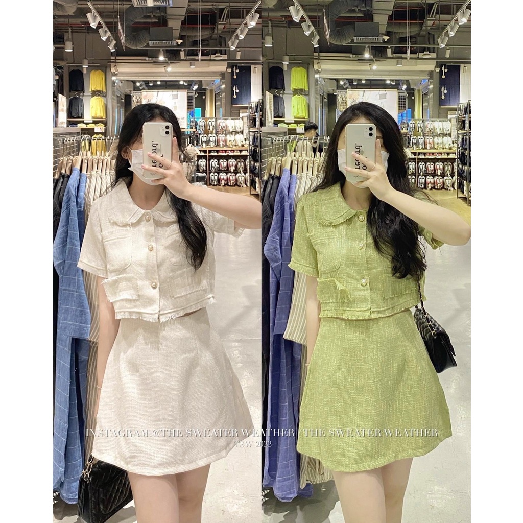 Set áo croptop tay ngắn phối chân váy bố dạ trắng và xanh cốm tưa lai có kèm lớp lót bên trong