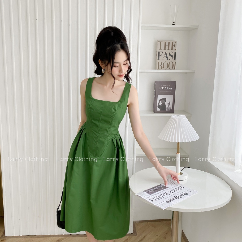 Đầm thiết kế nữ váy ba lỗ dáng dài xếp ly cổ vuông chiết eo vải thô hàn trơn thời trang thiết kế Larry Clothing V553