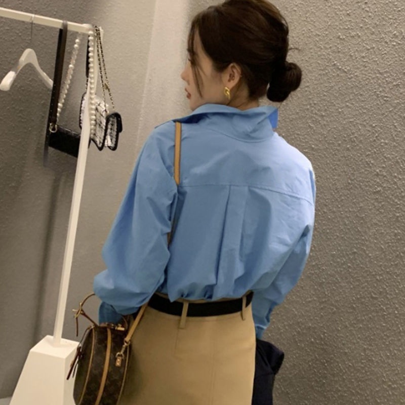 Áo Sơ Mi Nữ Tay Dài Dáng Rộng Cài Nút Màu Trơn Phong Cách Hàn Quốc Thời Trang Mới