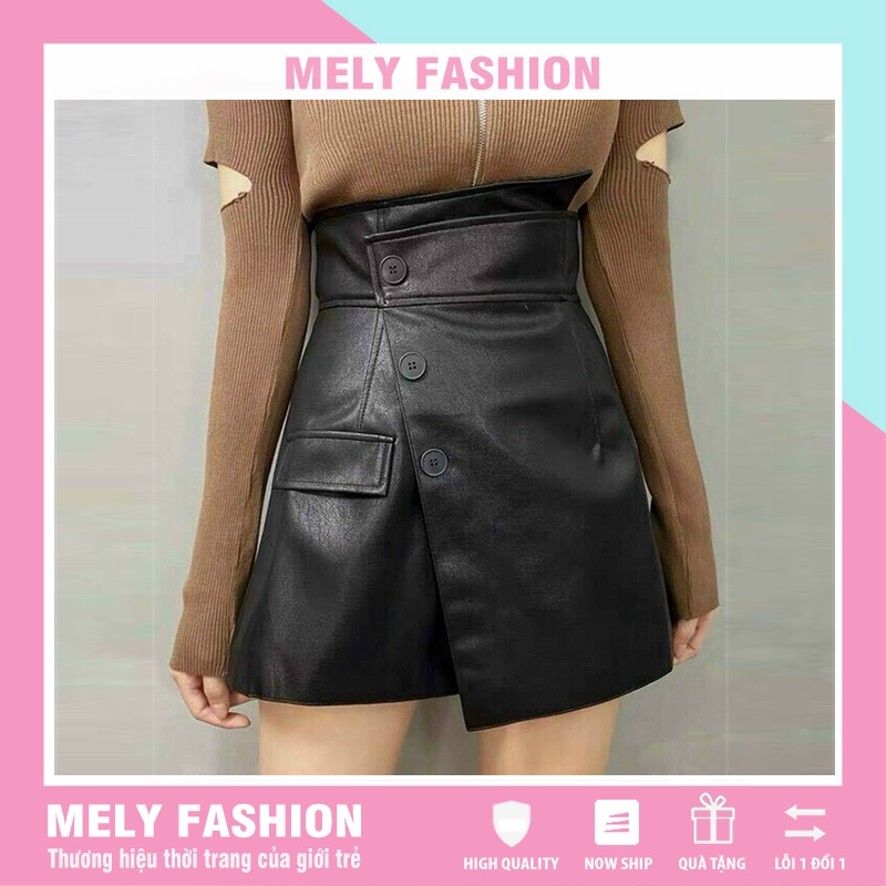 Quần giả chân váy da nữ ngắn chữ a cạp cao vạt lệch phong cách trẻ trung năng động vô cùng tôn dáng Mely Fashion CV26