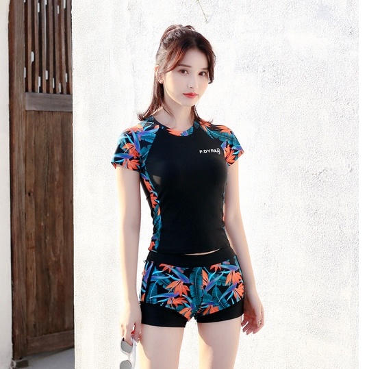 Bộ Bơi Nữ 2 Mảnh Quần Đùi Cạp Cao Aó Phủ Bụng Cọc Tay BHV092