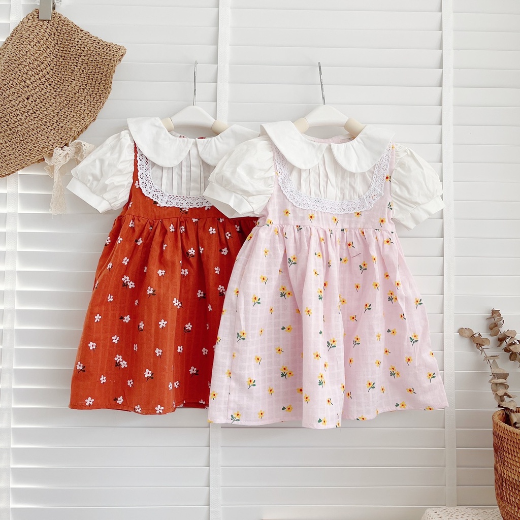 ✨BÁN SỈ✨D007 Đầm hai dây phối liền bé gái hoa 2 màu chất thô Hàn