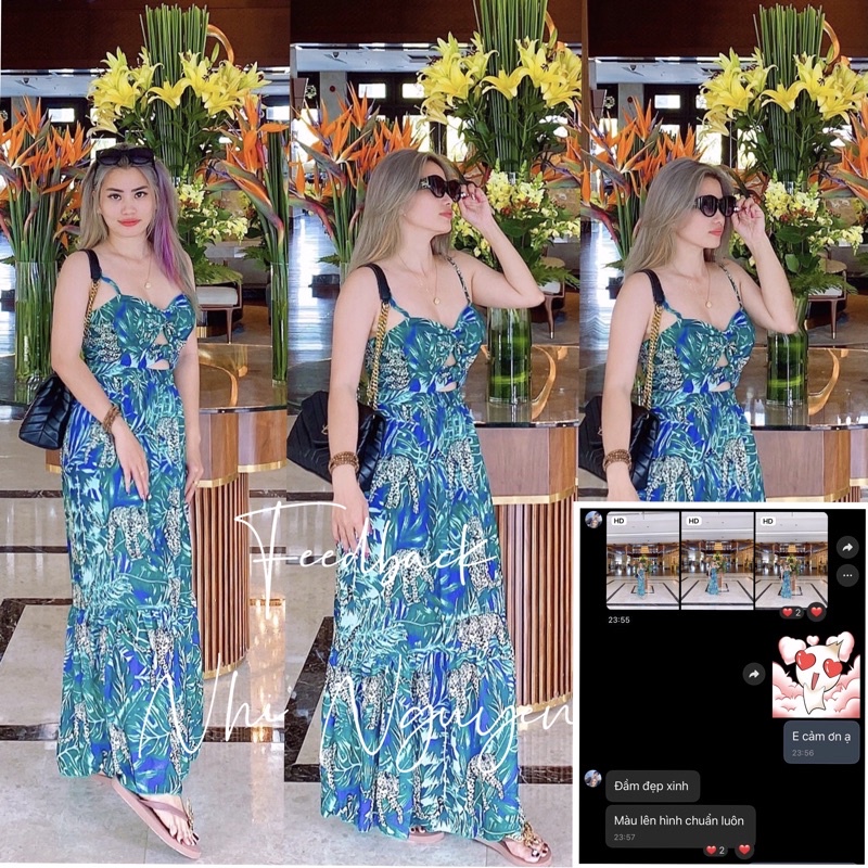 Đầm maxi hoa xanh hai dây khoét eo xẻ tà chất voan tơ