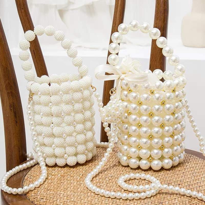 Túi xách tay kết hạt cườm giả ngọc trai handmade hình tròn trụ độc đáo
