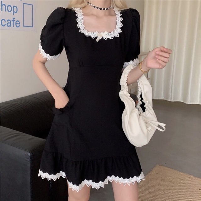 (Video tự quay) Đầm đen phối ren loli ulzzang Hàn Quốc [Yannie] | BigBuy360 - bigbuy360.vn