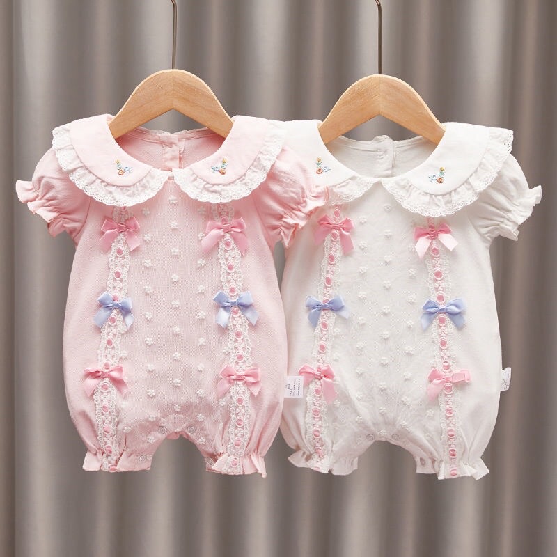 Body ren tiểu thư nơ đùi bo chun bé gái - bộ áo liền thân công chúa sơ sinh - bodysuit đầy tháng thôi nôi áo quần trẻ e