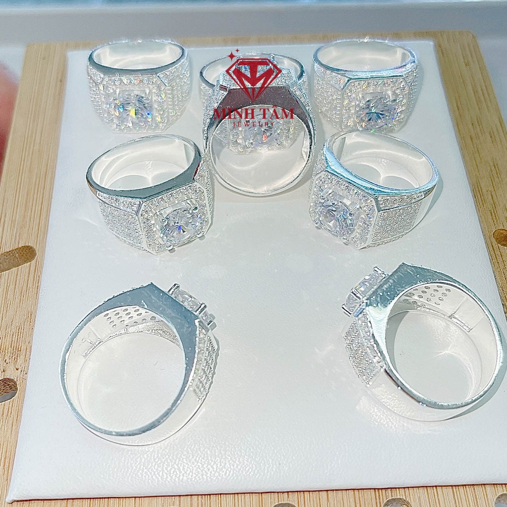 Nhẫn bạc nam full nửa hàng đá ổ 6 ly chất liệu bạc ta Minh Tâm Jewelry