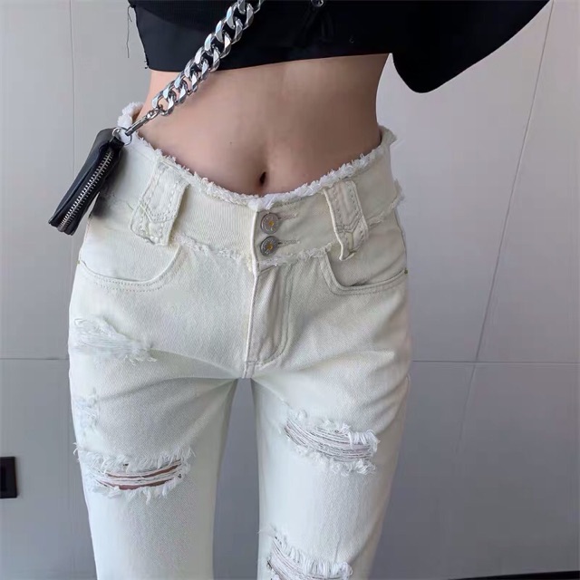 [Sẵn M] Quần jeans rách ống rộng màu trắng kem lưng cao Ulzzang / Quần jeans trắng ống suông rộng