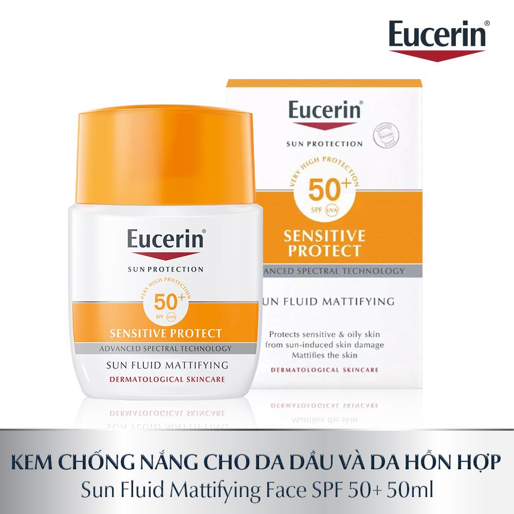 Kem Chống Nắng Eucerin Sun Fluid Mattifying Sensitive SPF 50+ 50ml - Cho Da Khô, Mụn, Nhạy Cảm, Da Hỗn Hợp