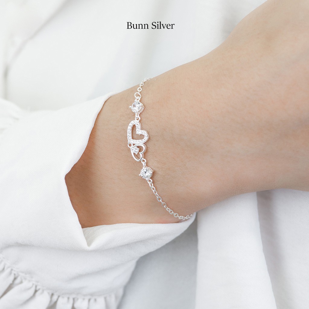 Vòng tay bạc 925 mặt trái tim kép cực xinh, lắc tay nữ Bunn Silver trang sức bạc
