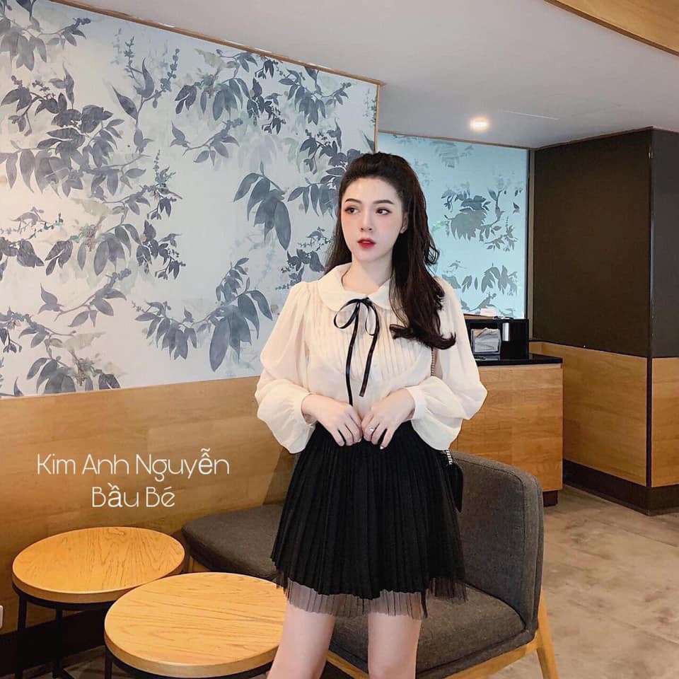Chân váy dập ly kèm áo sơ mi cổ bèo siêu xinh
