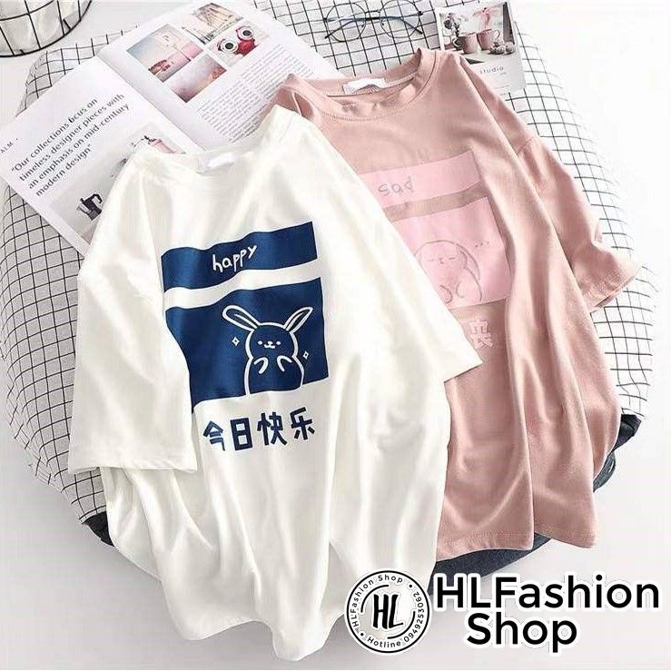 Áo thun tay lỡ form rộng Thỏ Happy - Sad siêu đẹp, áo phông form rộng size HLFashion