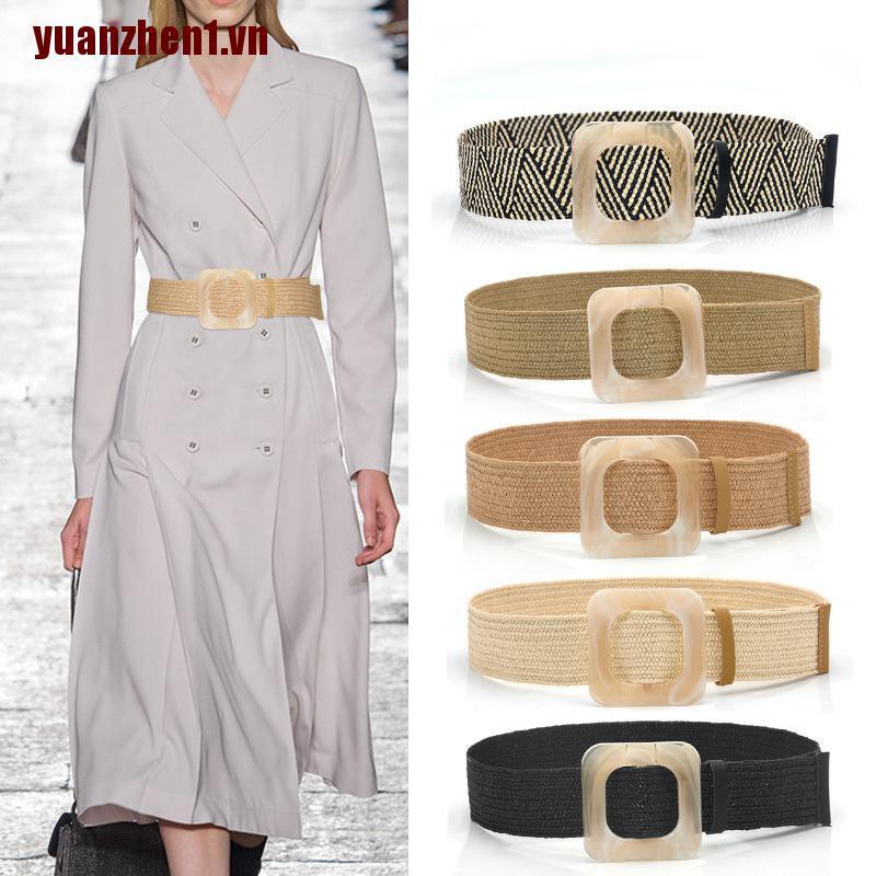 [Yuanzhen1] Thắt Lưng Bện Sợi Rơm Mùa Hè Khóa Gỗ Cổ Điển Boho Cho Nữ