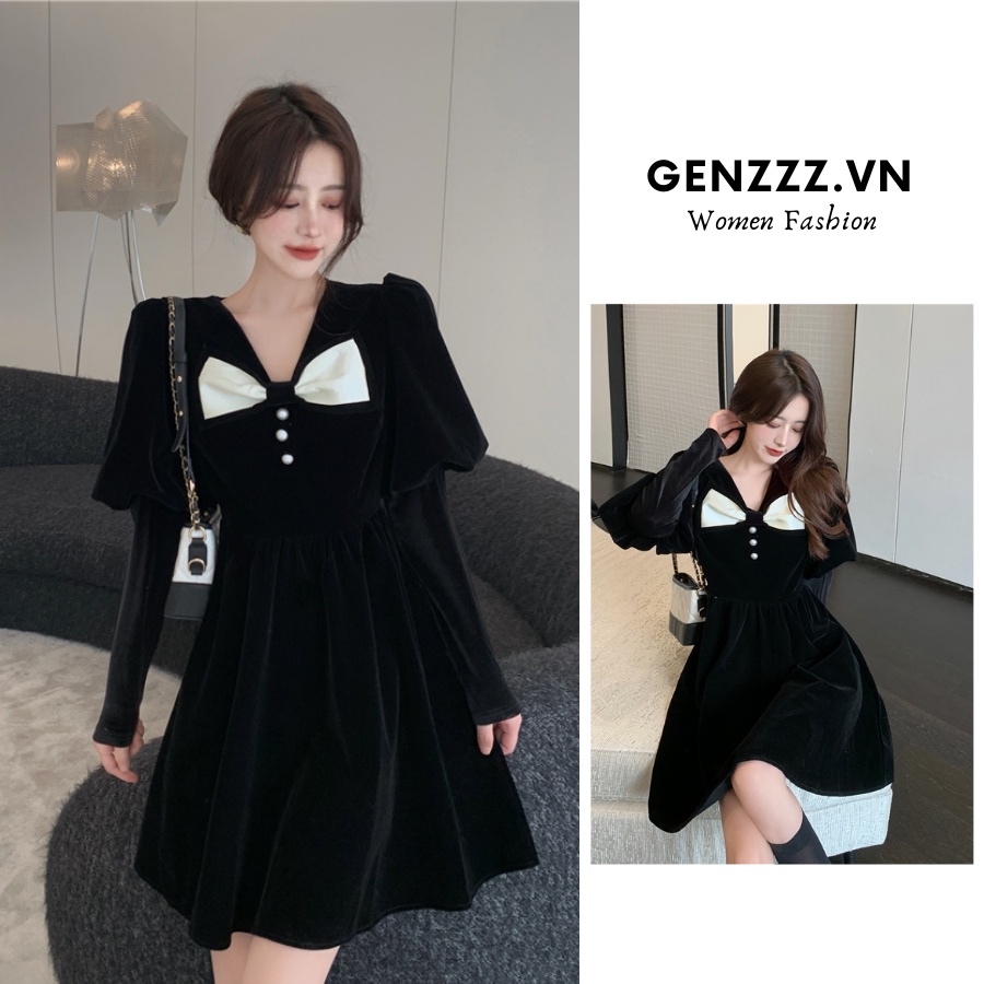 Đầm Nhung Đen Tay Phồng Nhấn Eo Tôn Dáng Thời Trang Kiểu Pháp Cho Nữ