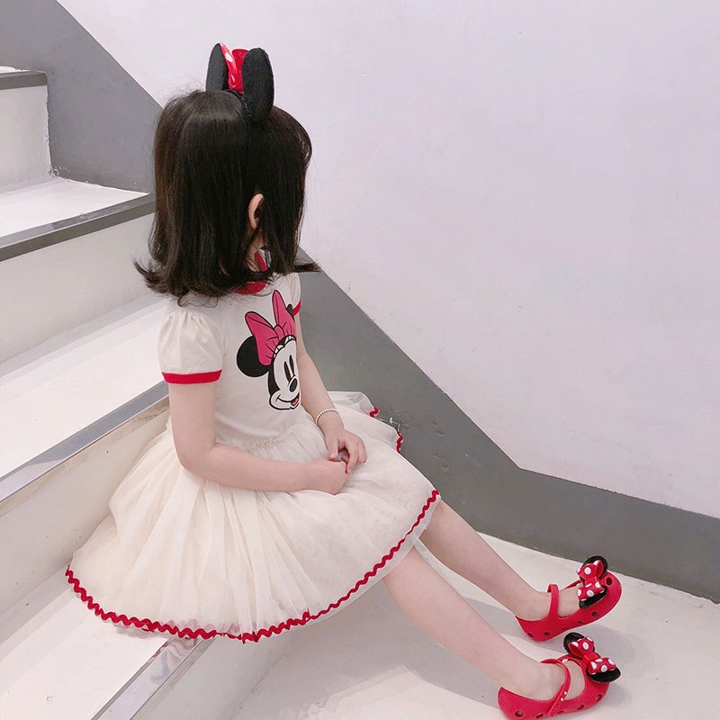 Đầm Công Chúa Họa Tiết Chuột Mickey Minnie Phối Lưới Xinh Xắn Cho Bé Gái
