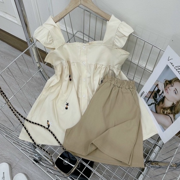 Bộ mặc nhà cánh tiên tổ ong thêu chất đũi lụa mát lạnh mùa hè B110 nội y xanh babydoll bánh bèo mầu trắng đen be