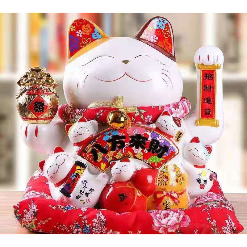 [Big Sale] Mèo Thần Tài Sứ , Mèo May Mắn Maneki Neko cao 23cm. Vẩy Tay Gọi Khách BÁT PHƯƠNG KHAI TÀI